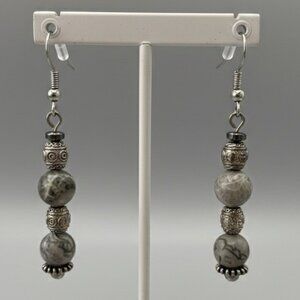 Grey Scenery Jasper Gemstone Pierced Earrings